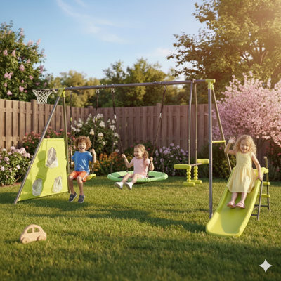 Sturdy Green And Blue 6-Function Swing Set With Net Swing, Metal/Plastic Safe Construction, 440 Lb Capacity For Outdoor Playgrounds, Ages 3+, Includes