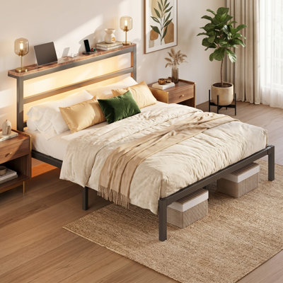 Queen Metal Platform Bed with Storage Headboard, Charging Station, LED Light, Easy Assembly, Black