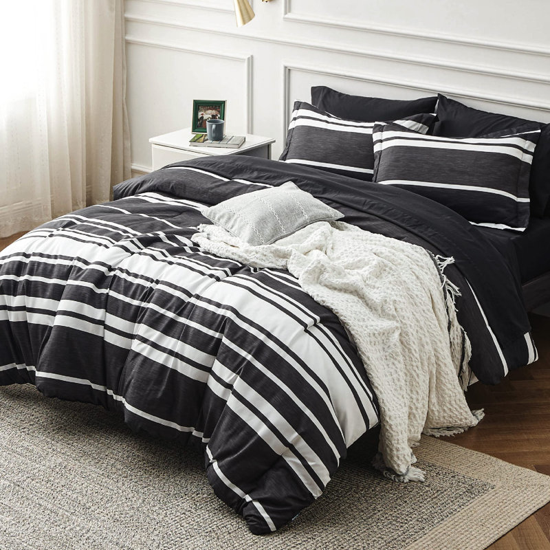 Bedsure Striped All Season Comforter Set, Queen Comforter + 6 Additional Pieces, Black
