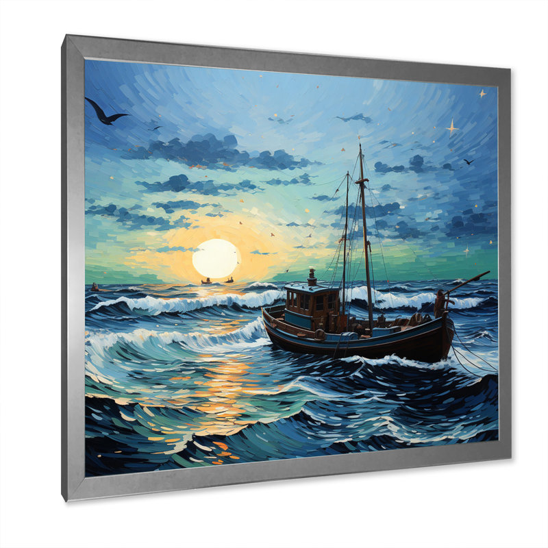 Vangogh paysage marin avec pêche II, H 24 po x l 24 po x P 1 po, Cadre simple argenté