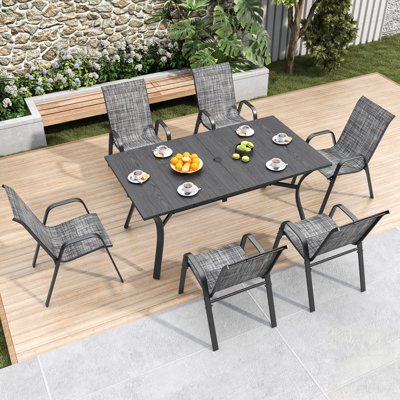 7-Piece Outdoor Patio Dining Set With Wood-Grain Metal Table, Umbrella Hole, And 6 Ergonomic Chairs For Comfortable Seating And Durability