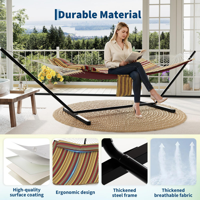 370cm 2 Person Hammock with Heavy Duty Metal Stand, Cotton Polyester Outdoor Hammock 204kg Weight Capacity with Carry Bag, Blue & Green for Patio Garden Backyard Camping Beach