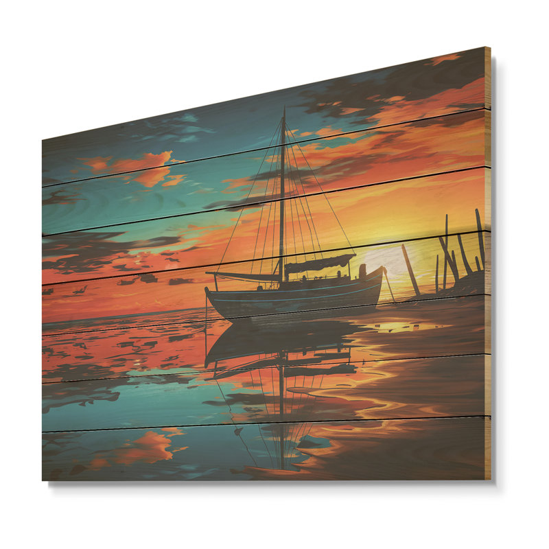 Sunset Sailboat Silhouette - Coastal Minimalism On Wood Print, 30" H x 40" W x 0.78" D