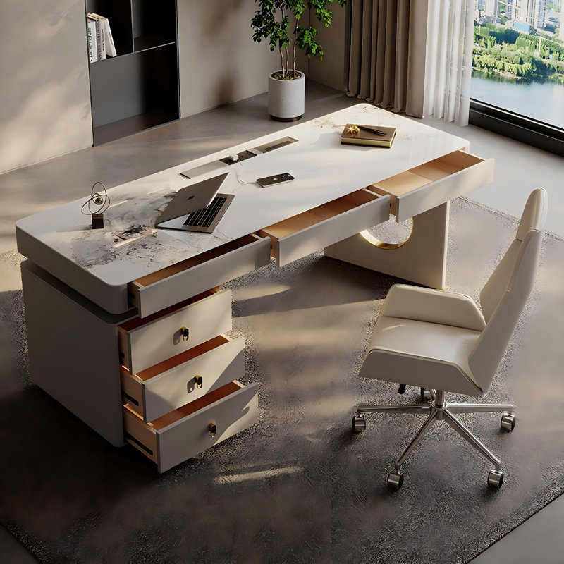 Rectangle White Sintered Stone Desktop Modern Desk, 29.53" H x 70.87" W x 27.56" D