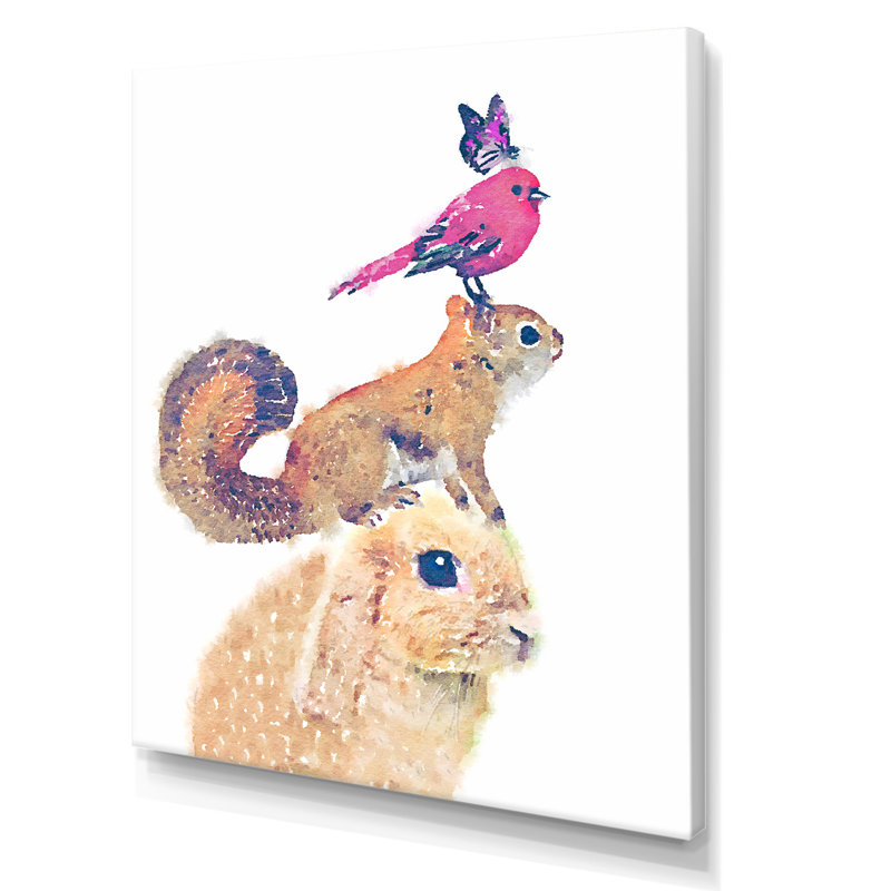 Dessin de lapin écureuil roux et oiseau - impression sur toile tendue