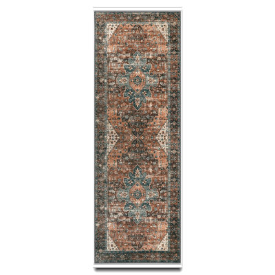 Thin Washable Runner Rug 2X6 Brick Red/Dull Teal - Non-Slip Non-Shedding Stain Resistant Carpet For Hallway Kitchen Laundry Entryway Bedside