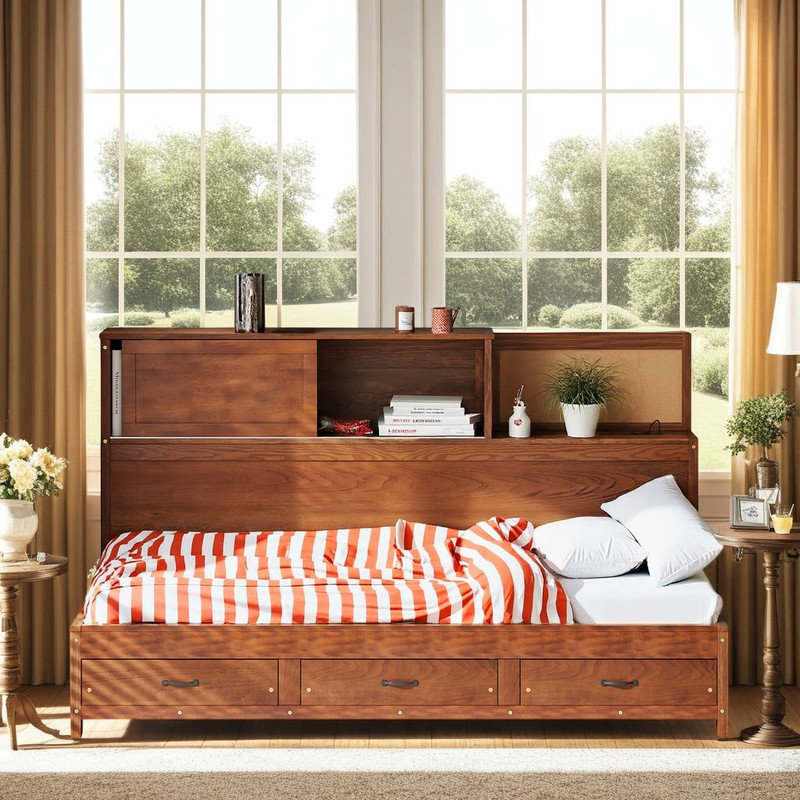 Lit de jour en bois pleine grandeur - 3 tiroirs, ports USB, tablette amovible, capacité de 350 lb?, Lit simple, Brun