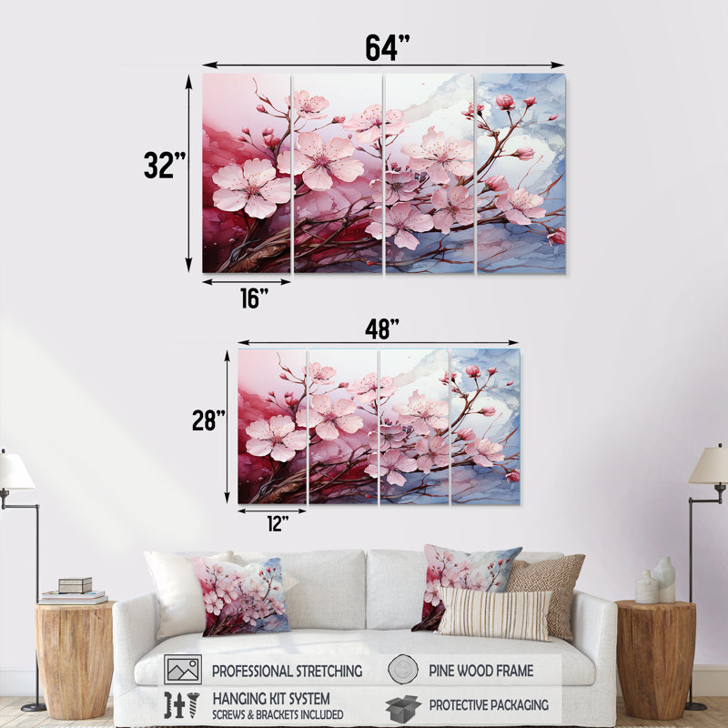 «Pink Blossom Cheery Tree Wind I», ensemble d'art mural 4 pièces cerise, H 28 po x l 48 po