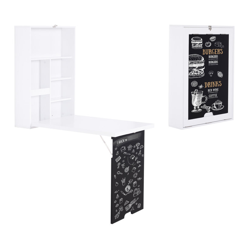 Bureau pliable avec tableau noir et tablettes, blanc, fait de matériau qui économise de l'espace ajoute de la fonctionnalité