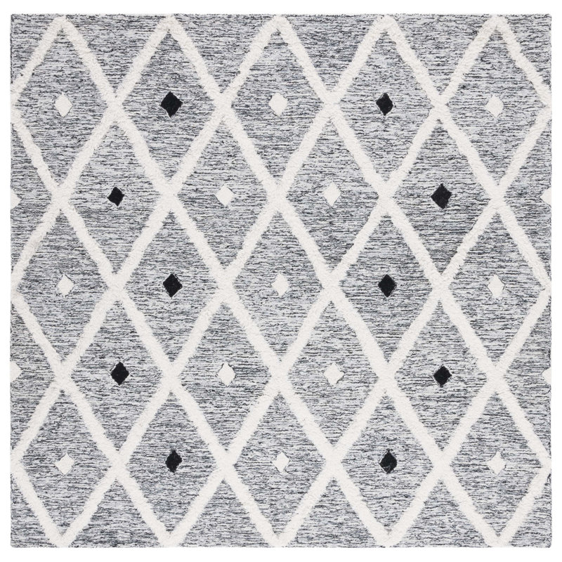 Hartnell Hand Tufted Wool/Cotton Geometric Rug in Black/Ivory, Square 6'