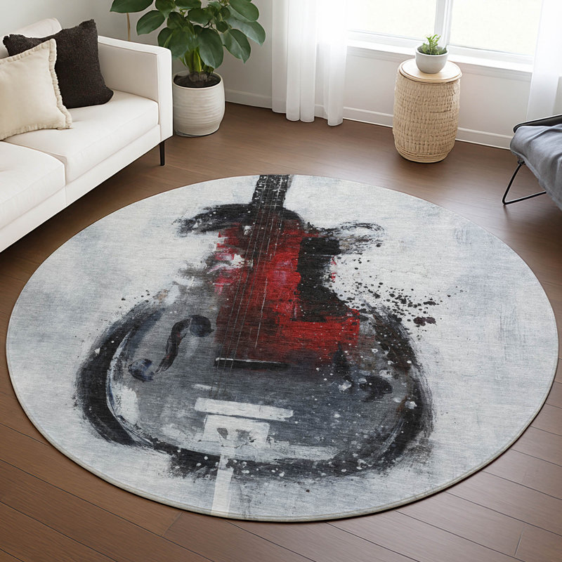 Tapis intérieur / extérieur gris lavable à la machine Xhevrie, Rond 8 pi