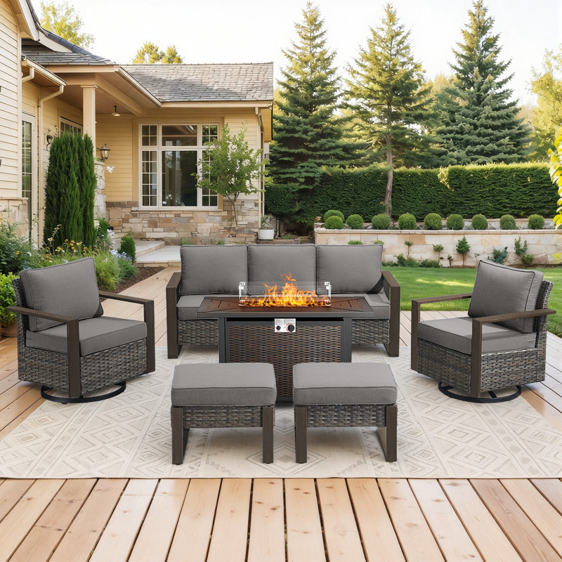Drazen 7 - Person Patio Furniture Set With Fire Pit Table, All-Weather Wicker Outdoor Conversation Set With Chair And Thick Cushions