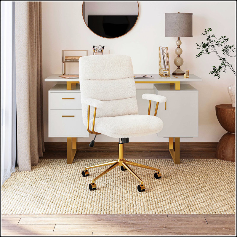 Chaise de bureau Textu Boucle en tissu et or, réglable en hauteur avec accoudoirs rembourrés pour un confort ultime, White