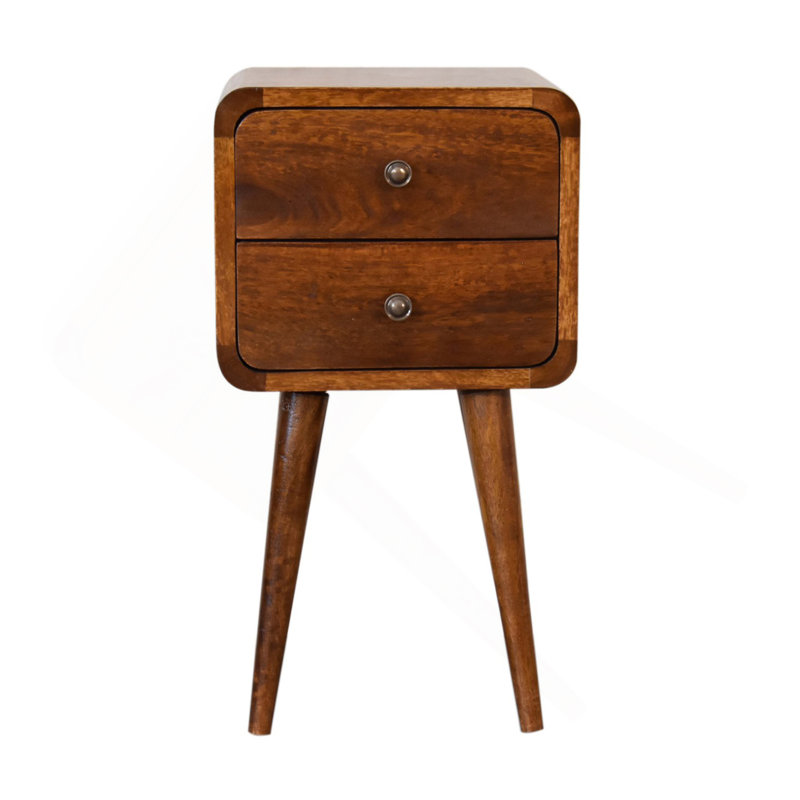 Soli Wood Mini Chestnut Curved Nightstand, 2-Drawers, Brown