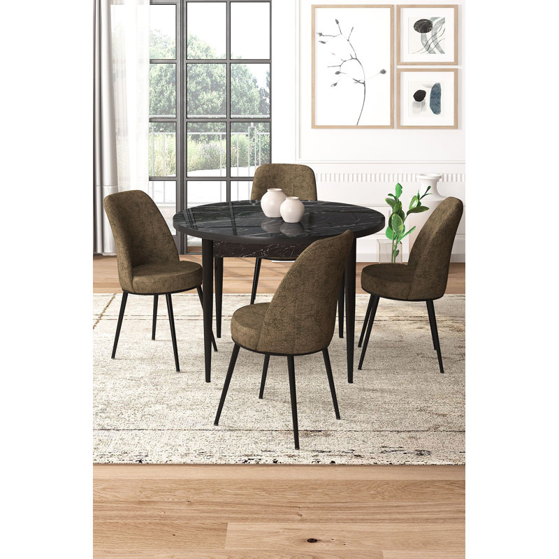 Ensemble de table et chaises de salle à manger moderne 5 pièces, marbre noir et brun | 100% aggloméré enduit de mélamine, table: 35,4 po x 29,5 po x 35,4 po, chaises: 17,7 po x 35,8 po x 16,5 po | Pieds en métal durables, rembourrage en mousse confortable, design élégant pour les maisons contemporaines