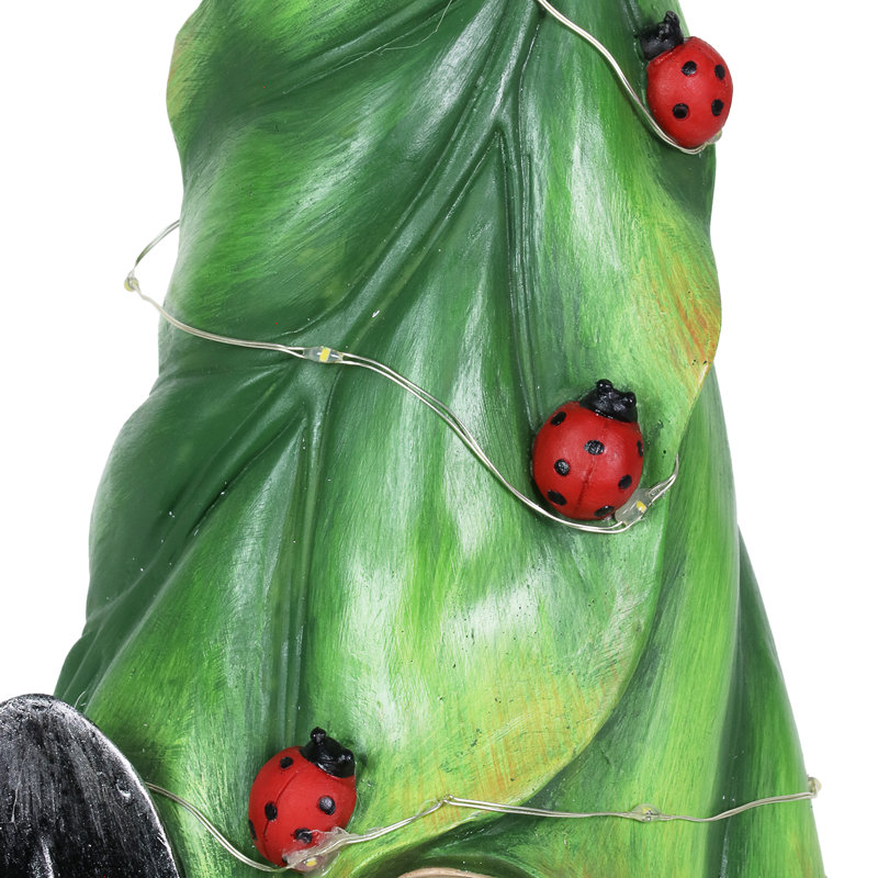 Exhart Gnome with Solar String Hat with Ladybugs and Trowel Garden Statuary, 7 by 14 Inches