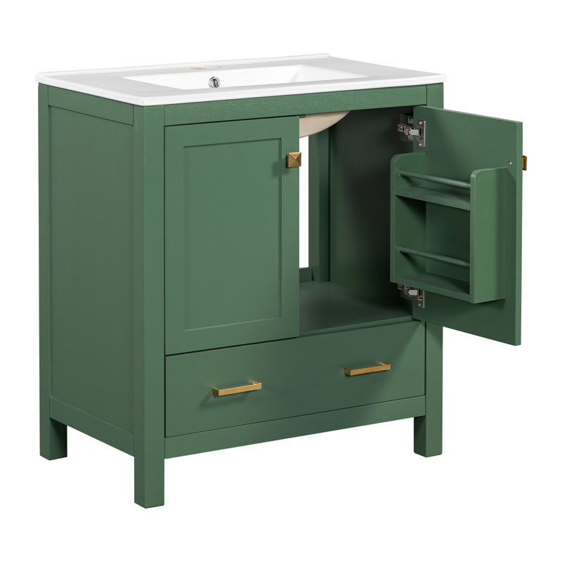 30" Bathroom Vanity In Black. Solid Wood Frame. Single Sink With 2 Doors And A Drawer For Efficient Storage Black Ceramic Sink. Construction, Soft Close Mechanism. 1 Storage. Rectangular Basin.