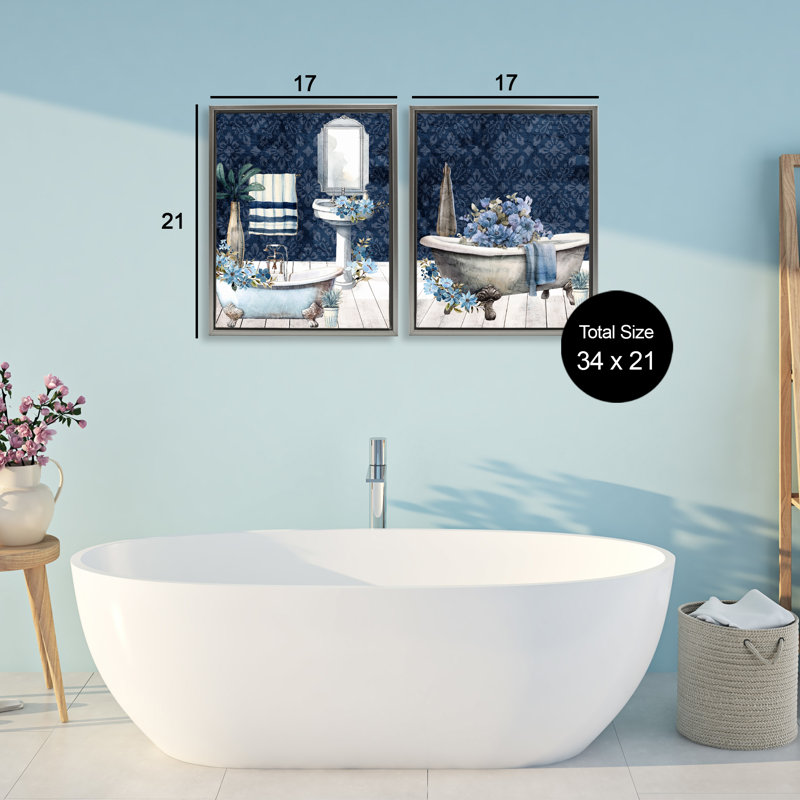Ensemble de 2 cadres flottants Blue Bath, Cadre flottant gris lustré, H 21 po x l 17 po