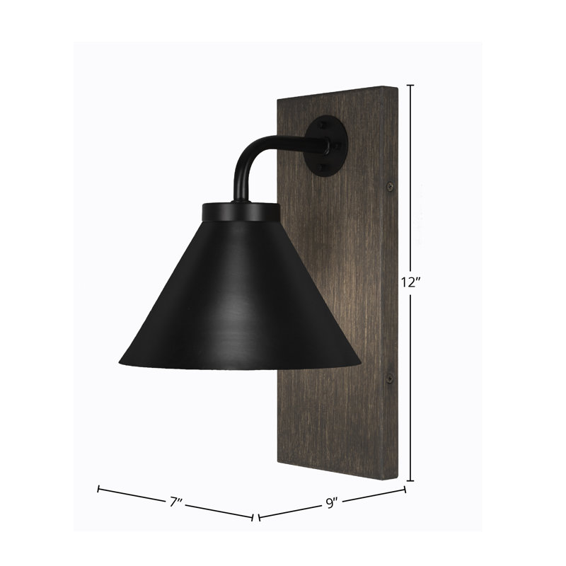 Oxbridge Wall Sconce Shown In Matte Black & Painted Distressed Wood-look Metal Finish With 7" Matte Black Cone Metal Shade