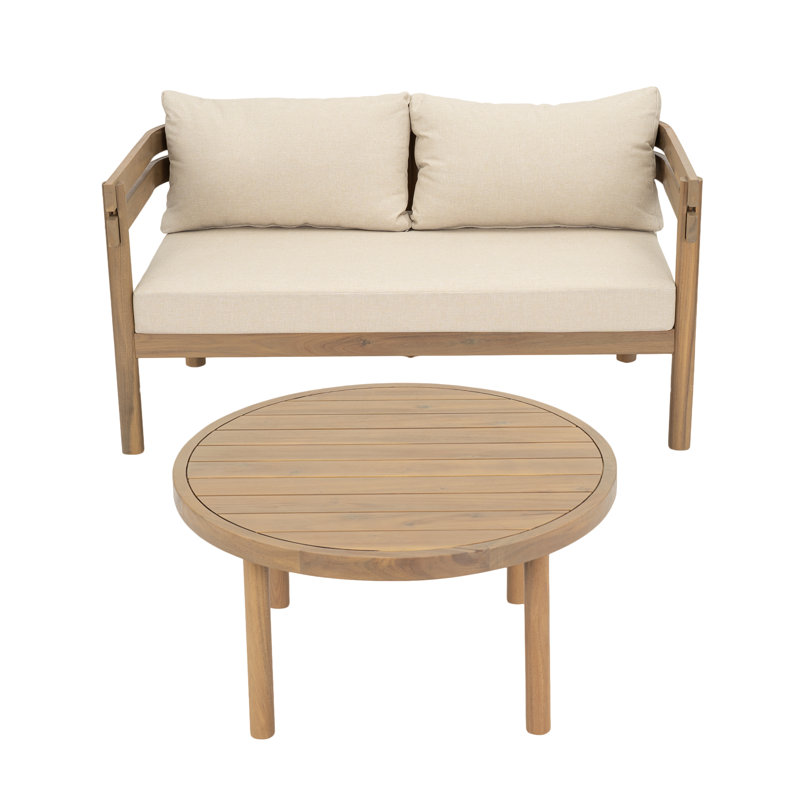 Ensemble de causeuse d'extérieur moderne en bois d'acacia pour 2 personnes avec table basse ronde Darnell
