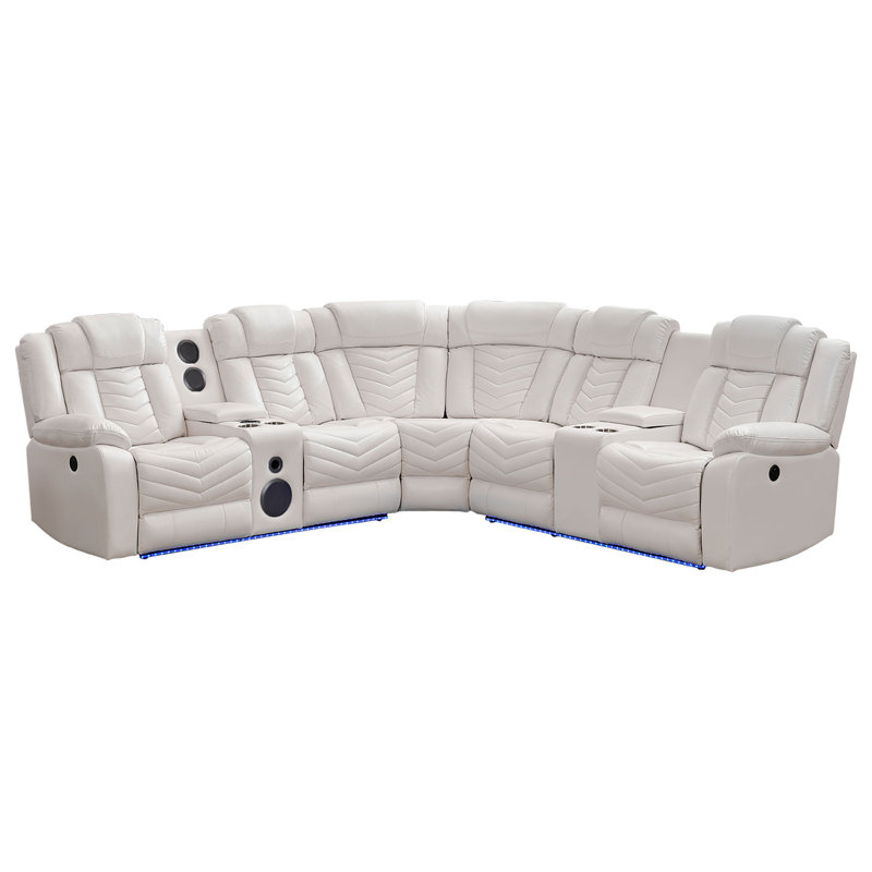 Keeshan 3 - Piece Faux Leather Power Reclining Sectional With Speaker and LED, White Faux Leather