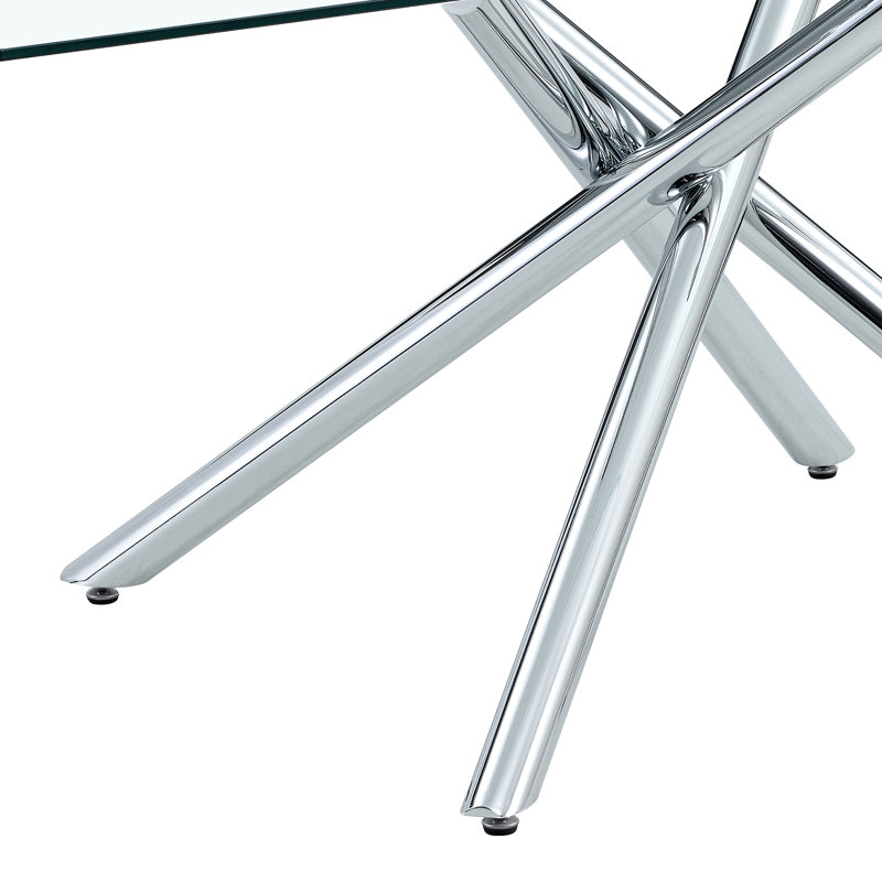 63" Modern Minimalist Rectangular Tempered Glass Dining Table with Silver Cross Legs, Seats 4-6 People