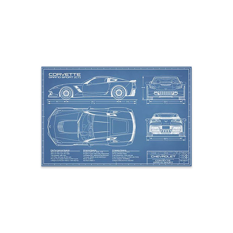 Corvette (C7) Grand Sport, reproduction d'art sur verre acrylique, Bleu / blanc, H 16 po x l 24 po x P 0,25 po