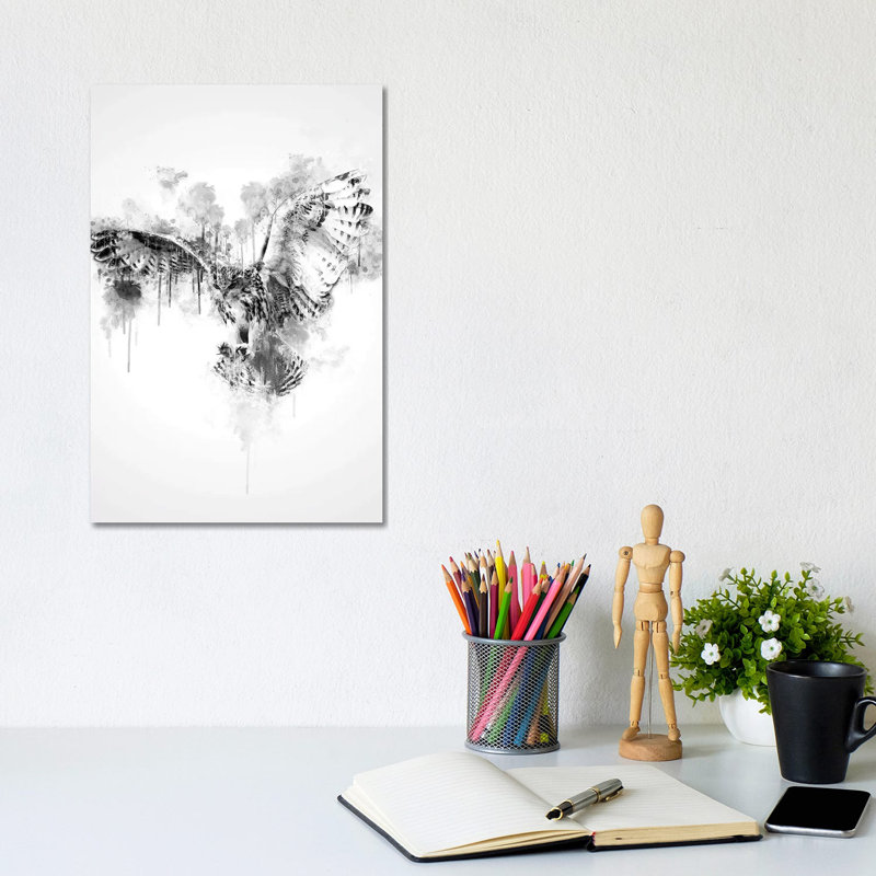 Chouette en noir et blanc par Cornélin - peinture sur toile tendue, H 12 po x l 8 po x P 0,75 po