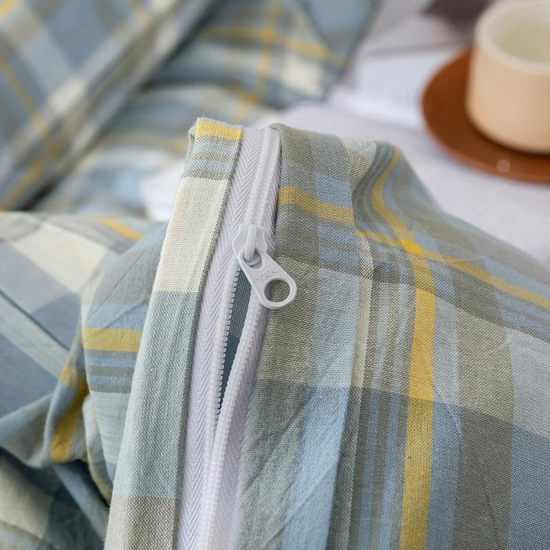 Washed Cotton Boho Soft Duvet Cover Set, Queen Duvet Cover + 2 Standard Pillowcases, Blue/Yellow