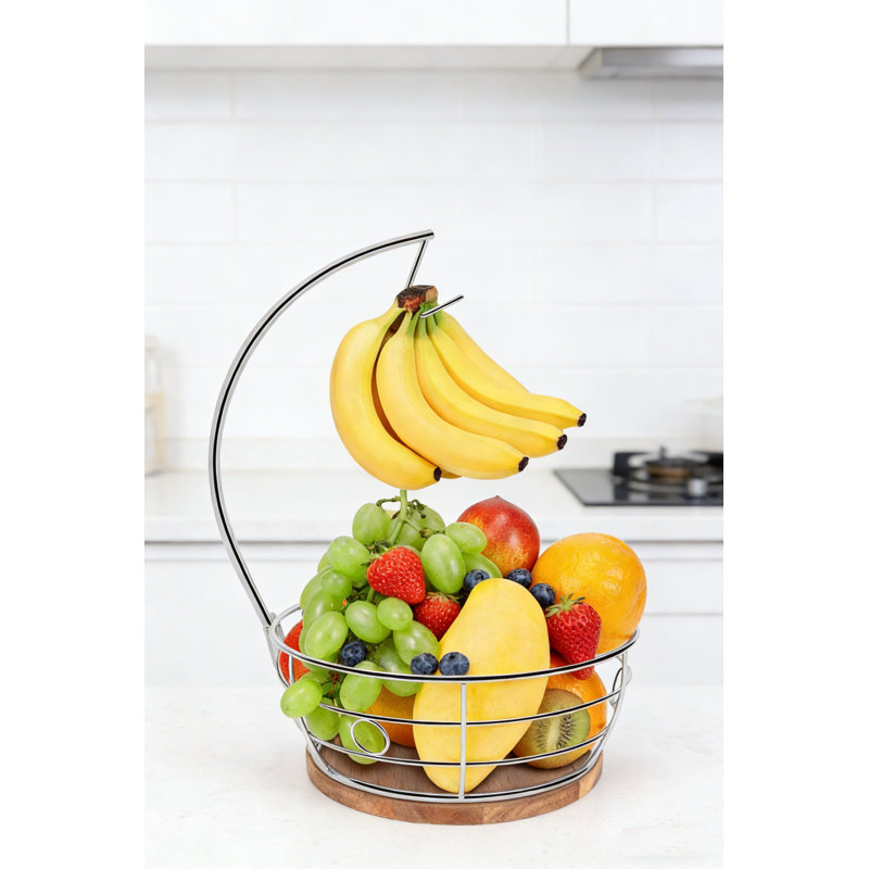 Panier à fruits en métal avec support à banane et base en bois épais, rangement de comptoir de cuisine antirouille sans installation