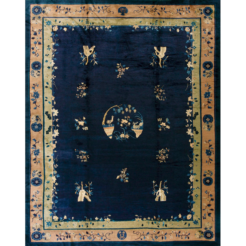 Tapis antique chinois à motif floral et médaillon bleu des années 1920