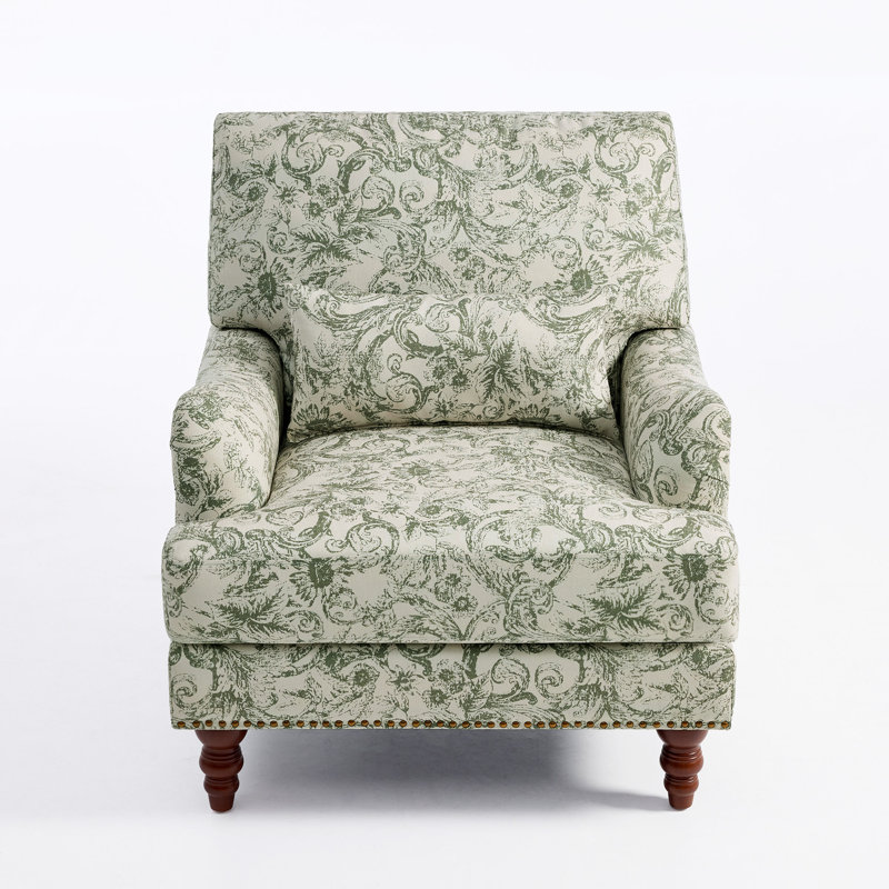 Upholstered Rococo Green Nailhead Trim Accent Chair with Throw Pillow and Solid Wood Legs, Rococo Green Chenille