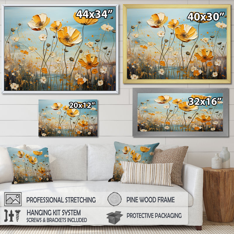 Captures de lueur dorée marguerites jaunes et bleues de Marguritte - impression, H 30 po x l 40 po x P 1,5 po