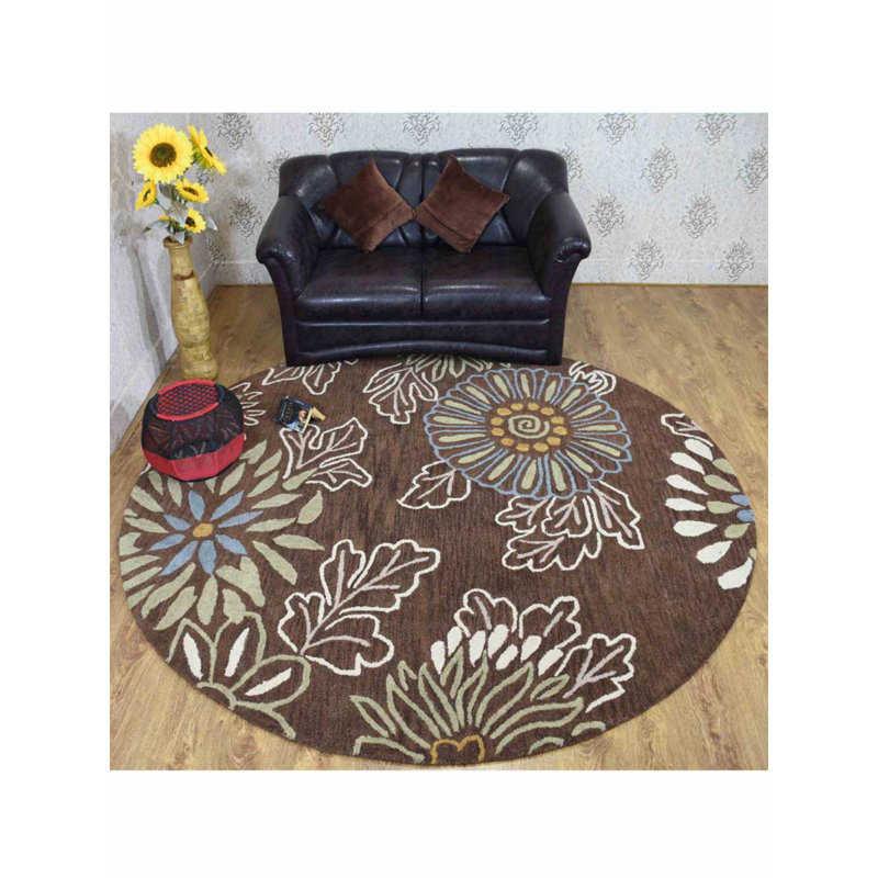 Tapis en laine touffetés à la main - forme ronde, brun, motif floral moderne, tapis épais antidérapants faits à la main pour le salon, la chambre à coucher