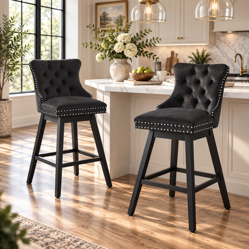 Tabouret de bar pivotant à 360 ° en velours avec dossier, garniture cloutée et pieds robustes en bois massif, fauteuil confortable pour la cuisine, la salle à manger et le restaurant