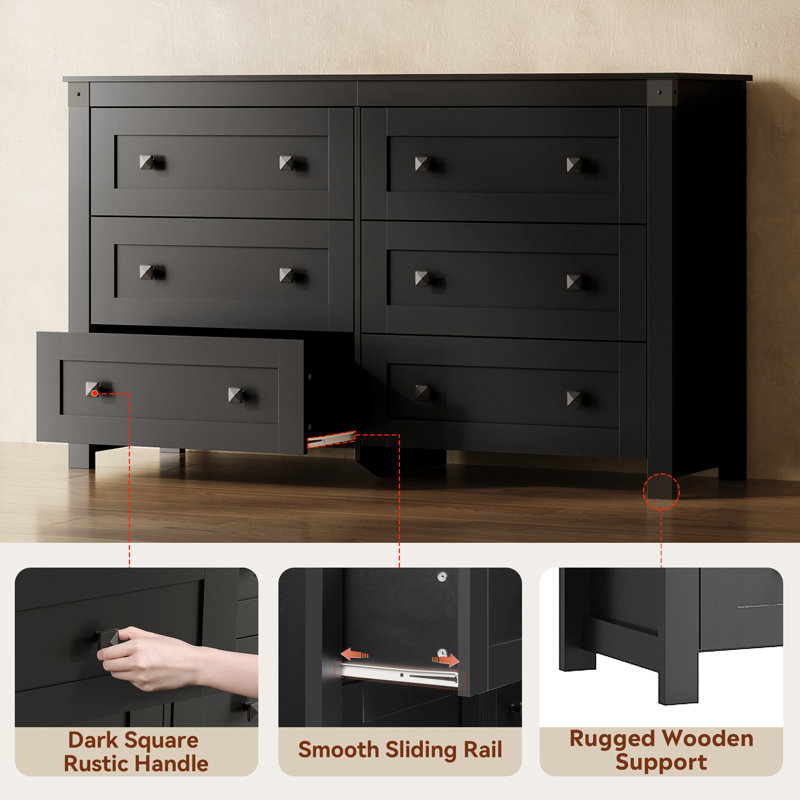 Farmhouse 53'' W 6 Drawer Dresser for Bedroom, Wood Storage Organizer with Double Rustic Handle, TV Stand for 60 inch TV, Chest of Drawers for Living Room, Hallway