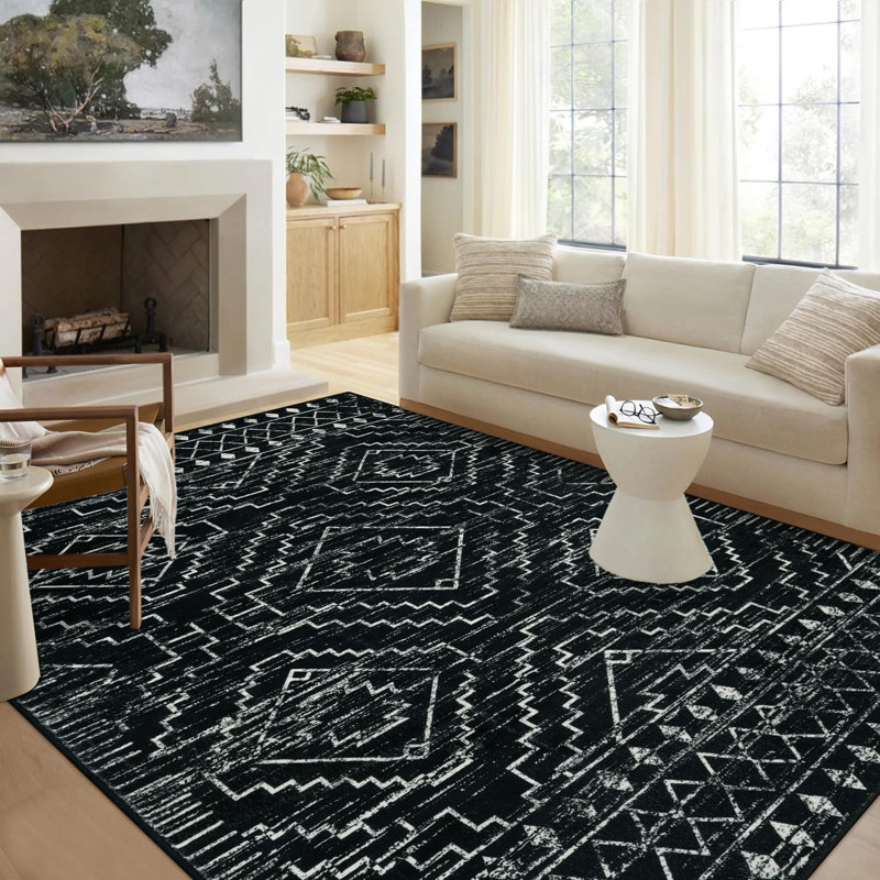 Tribal Geometric Washable Area Rug for Living Room & Bedroom, Non-Slip Moroccan Rug, Rectangle 9' x 12'