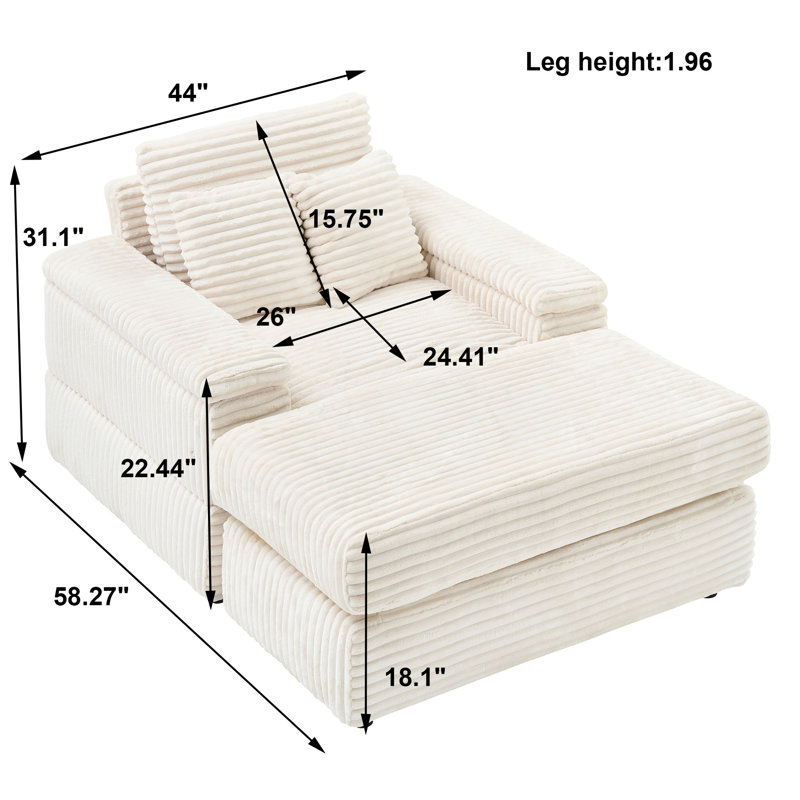 Canapé 44 po en velours côtelé simple avec repose-pieds 44 po, Tissu blanc