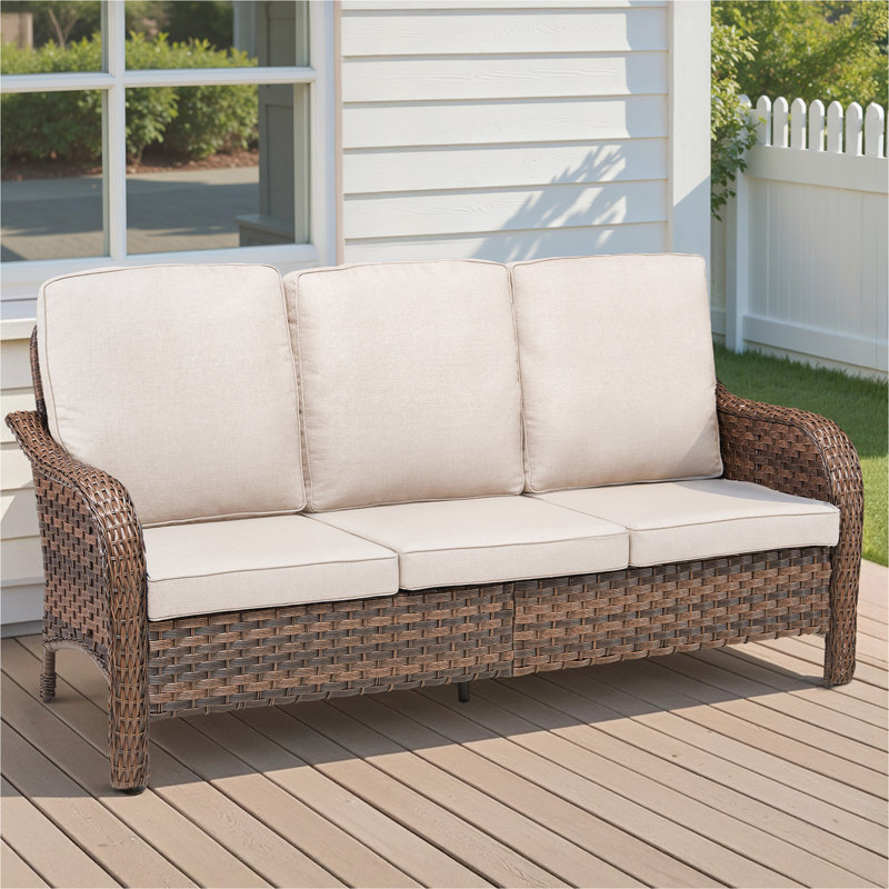 70.9" PE Wicker Rattan Outdoor Furniture Set, 3 Seat Sofa with Deep Seat Cushions, Beige, Beige