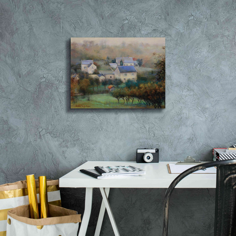 Campagne hameau - peinture sur toile tendue, H 12 po x l 16 po x P 0,75 po