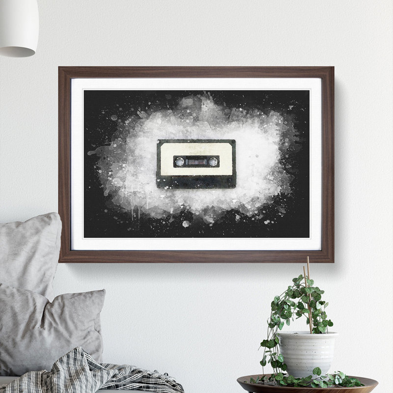 Retro Style Cassette Tape - Picture Frame Graphic Art, 45cm H x 63cm W x 2cm D, Walnut Framed