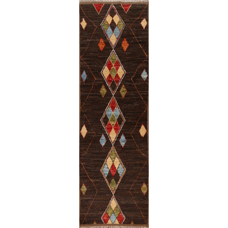 Tapis de couloir unique en laine brun foncé 2 pi 8 po x 9 pi 9 po New Age