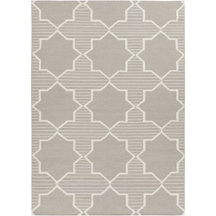 Chevella Authentic Flatwoven Handmade Silver Gray & Off-White Reversible Modern Geometric Star Lattice Wool & Cotton Area Rug