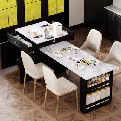 Grand îlot de cuisine avec table extensible pour 2 à 6 personnes, armoire noire, rangement double, 1 port Type-C, îlot extensible en faux marbre 51,2 po, rangement double, 2 roulettes verrouillables, prise de courant