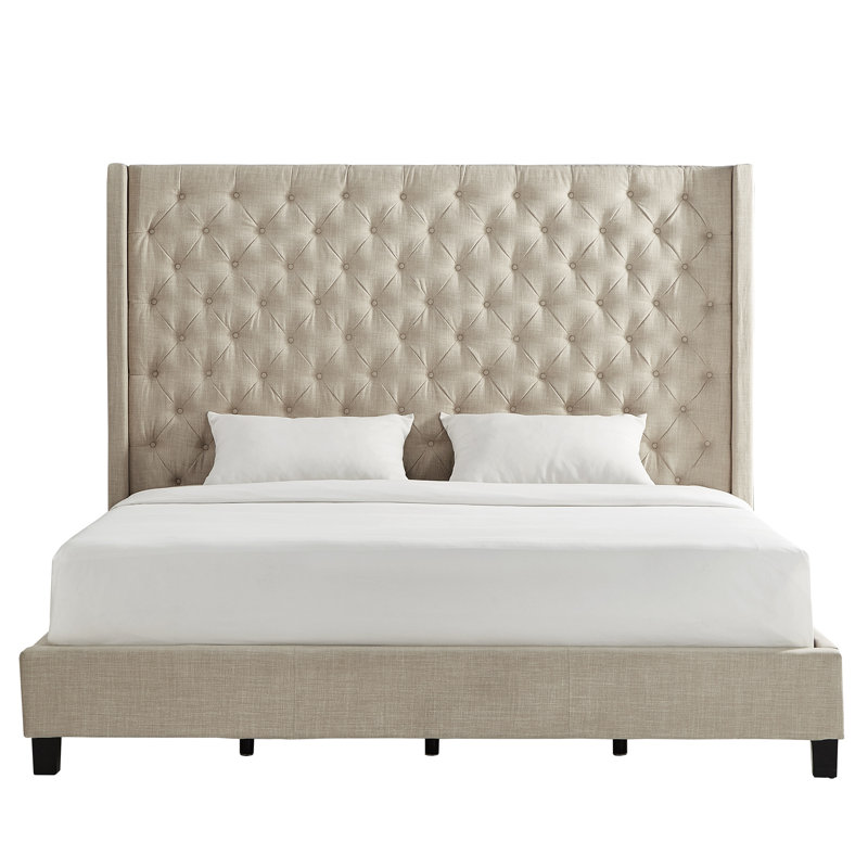 Londono Upholstered Wingback Bed, Heathered Beige Linen, King