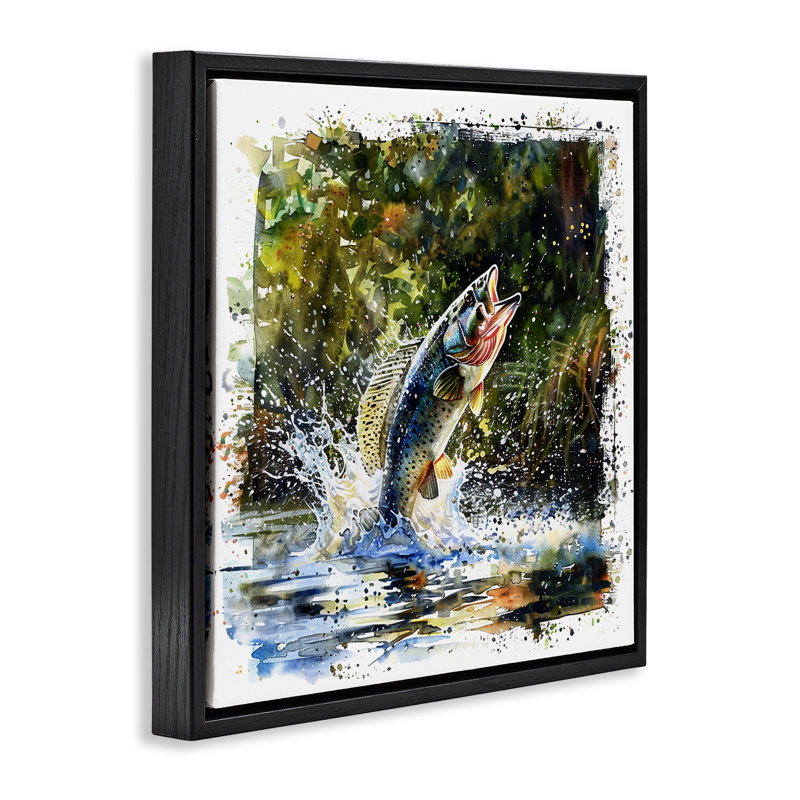 "Splashing Lake Bass", art mural encadré par LSR Design Studio, H 18 po x l 18 po, Cadre flottant noir de jais