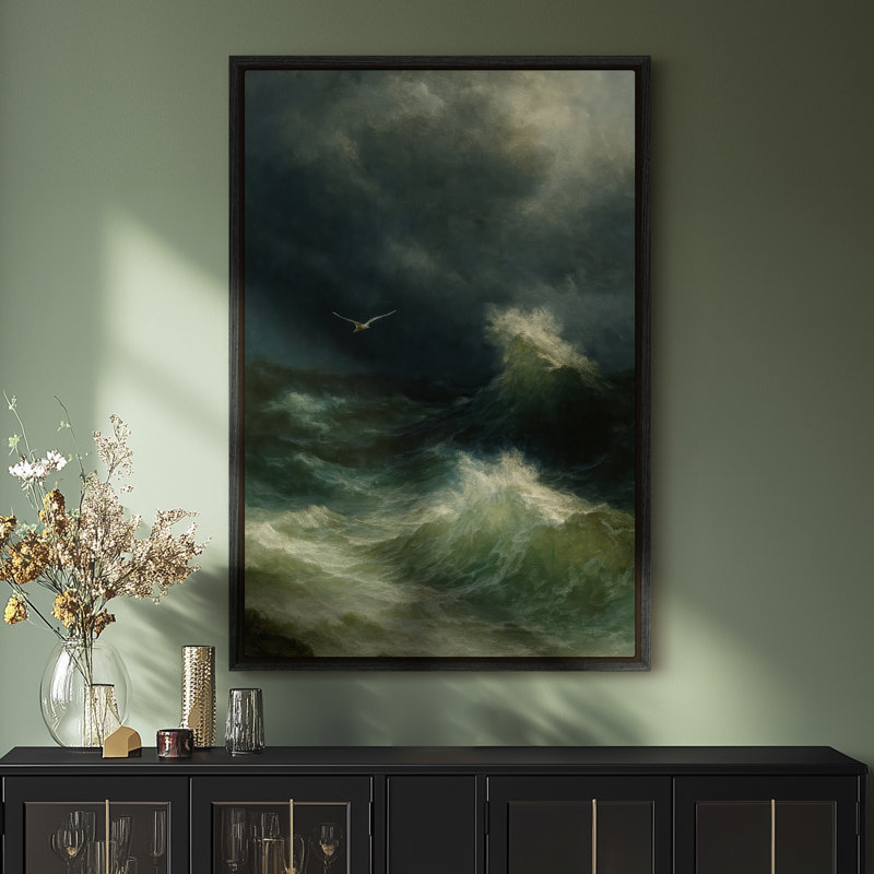 Framed Canvas Wall Art - Wave And Bird Wall Prints for Bedroom - 24"x36", 36" H x 24" W, Black