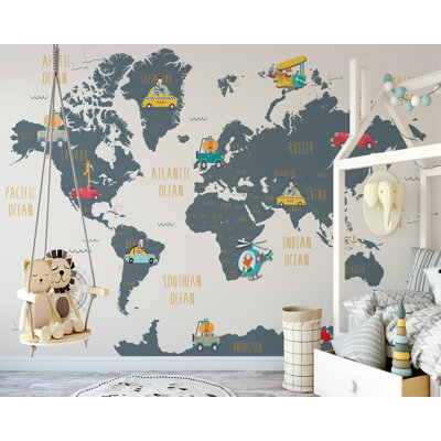 Murale carte du monde et dessin d'animaux