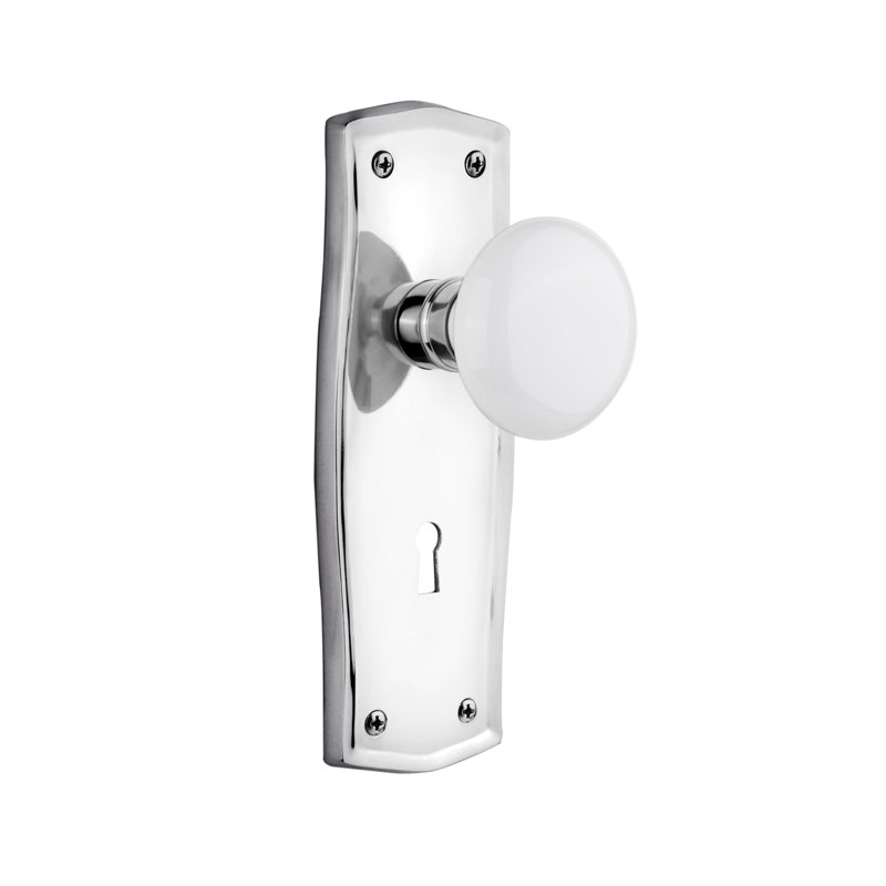 Prairie Plate with Decorative Keyhole and White Porcelain Door Knob, Bright Chrome, 2-3/4”