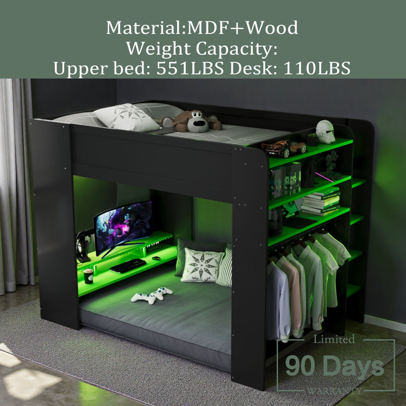 Full Size Wood Bunk Bed With Height-Adjustable Desk,Wardrobe,Ample Storage Space,And RGB Light, Green